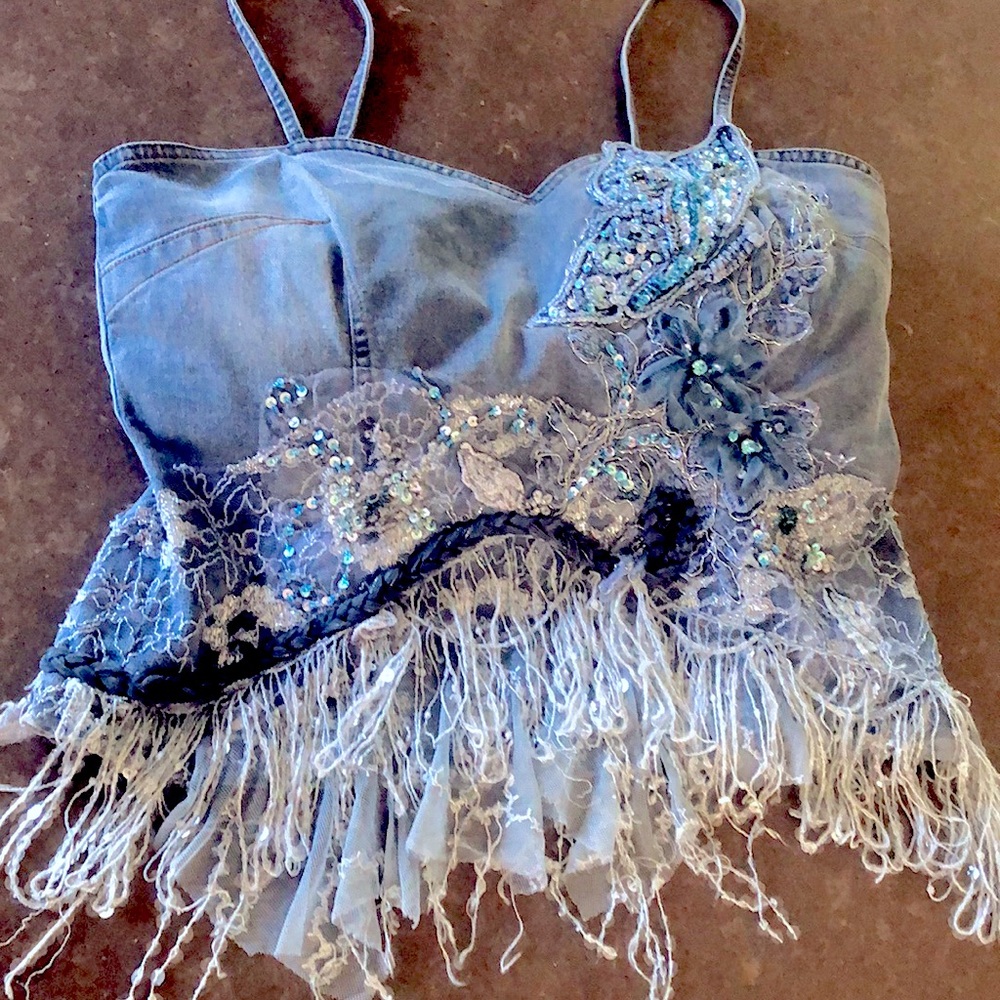 Light denim jean bustier fringe lace butterfly flower sequin top